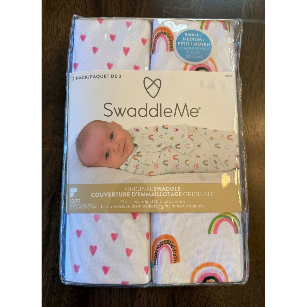SwaddleMe Brand New! Original Swaddle 2pk Organic Cotton Rainbow Hearts S/M 0-3M